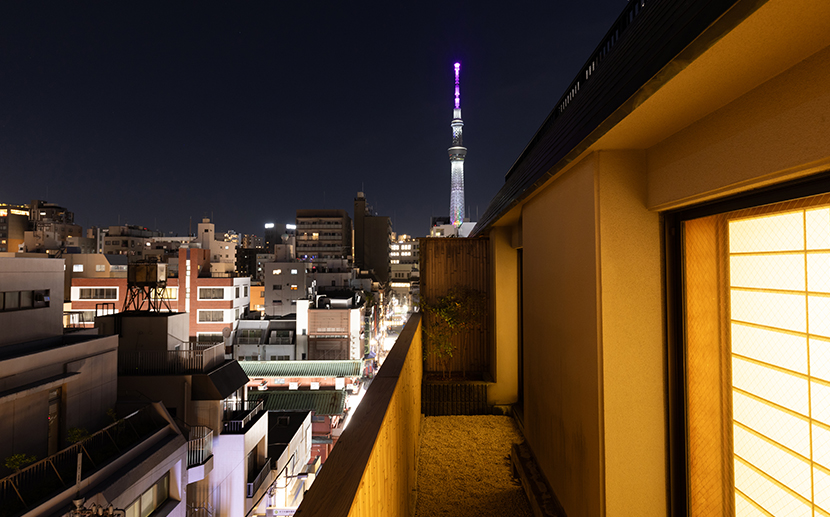 Night view of the Sky Tree from the 6th floor suite